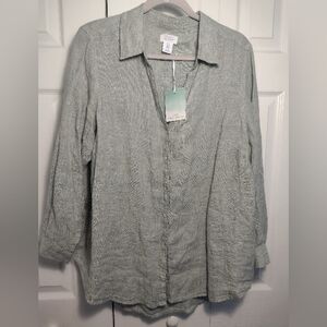 NWT Sigrid Olsen Linen Button Down Top Sage Green Size 1X